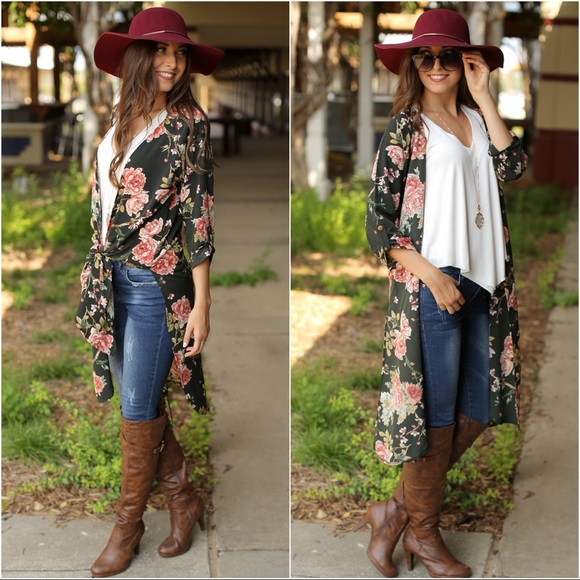 ✨LAST ONE✨Olive Floral Print Tie Front Cardigan - Picture 2 of 4